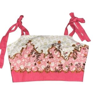 RACHEL ZOE NWT Linen Blend Cropped Top Shoulder Ties, Pink/Cream Size L